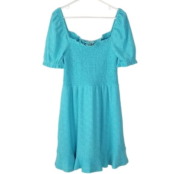 Michael Kors Turquoise Eyelet Smocked Front Peasant Dress Puff Sleeves Size L - Picture 1 of 15